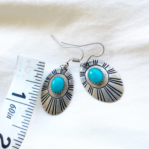 Thomas Singer Navajo Sterling Silver Turquoise Earrings Sunburst Oval - Picture 2 of 4